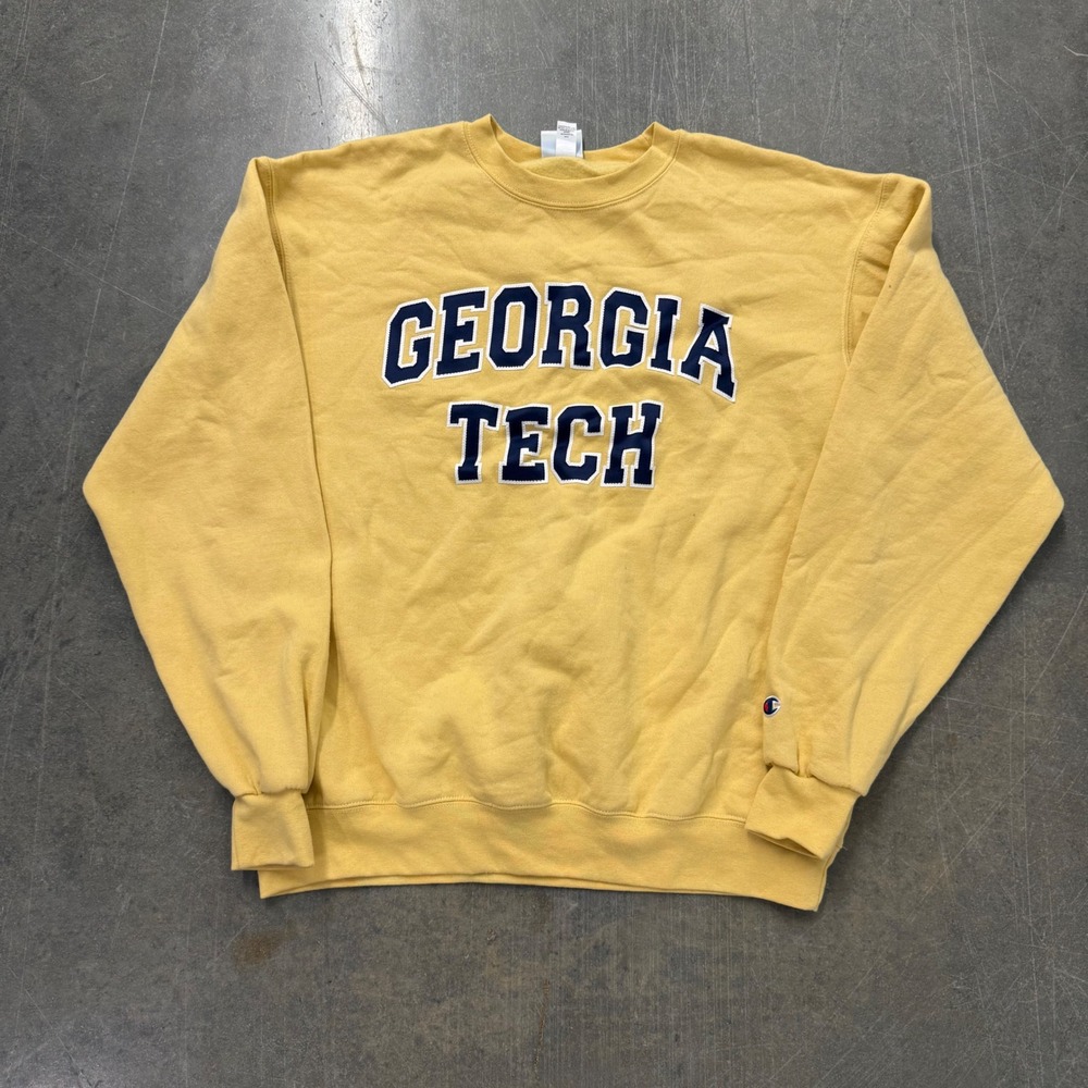 Champion Georgia Tech Sweatshirt Mens Large Yellow Eco Fleece Crewneck Pullover